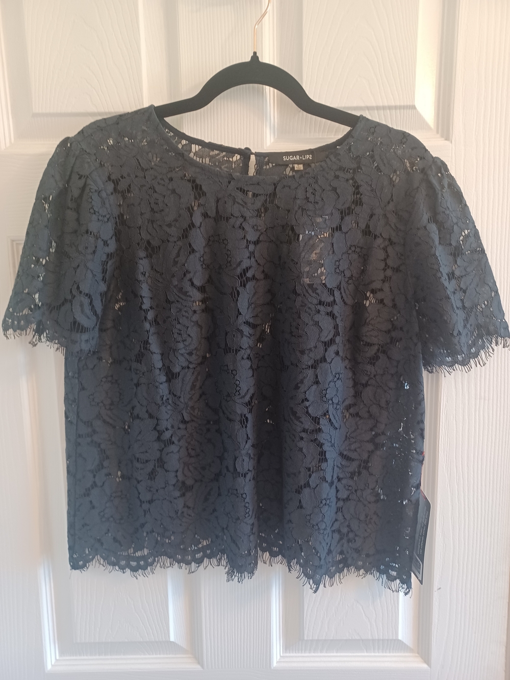 Sugarlips Black Romantic Lace Short Sleeve Top Blouse Semi Sheer NWT